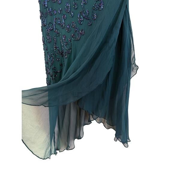 Vintage Cache Slip Dress sz 2 Teal Beaded Silk Cocktail Asymmetrical Whimsigoth - Picture 3 of 8